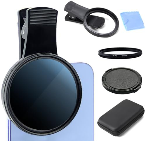 67 mm CPL Polarising Filter Mobile Phone CPL Filter Compatible with iPhone 16 Pro Max 15 14 13, Clip-On HD Circular Polarising Filter Lens Filter for Smartphones with Carry Case and Lens Cleaning