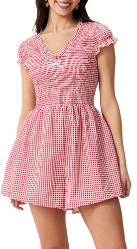 SANSIWU Gingham mini sparkdräkt klänning rutig kortärmad v-ringad smockade korta overaller sommar boho lekdräkter overaller, A-rött, S