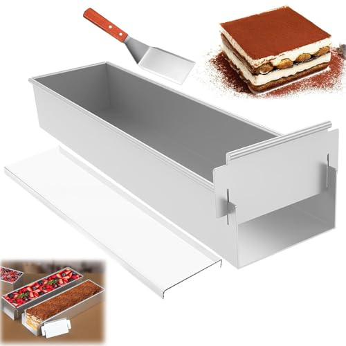 Molde rectangular largo de aleación de aluminio, molde antiadherente para tartas, hoja de acero inoxidable con marco extraíble y tapa acrílica, molde rectangular para tartas de queso (moldes, palas y