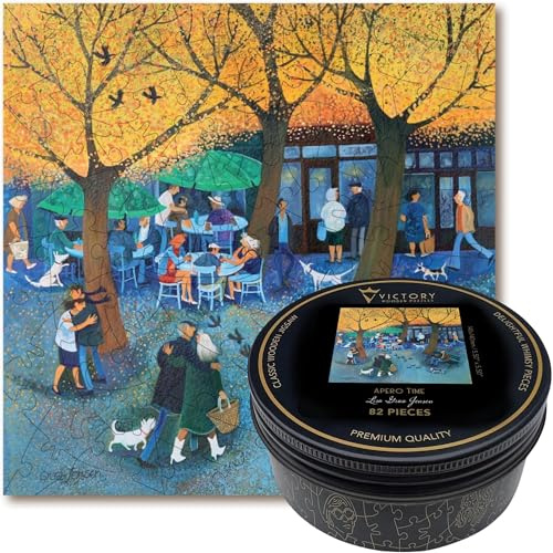 Victory Wooden Puzzles - 'Apero Time' Miniature Jigsaw Puzzle for Adults - 77 Pieces. Premium Linden Wood Artwork Jigsaw Puzzle in Metal Storage Tin with Special 'Whimsical' Shaped Pieces.