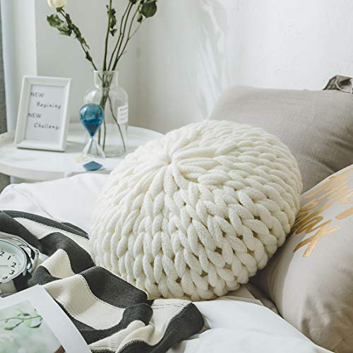 Namzi Coussin tricoté blanc, style nordique créatif, pouf rond en grosse maille pour salon, canapé, 1 pièce décorative