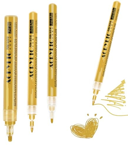 Nurila 3er-Set Acryl Stifte Gold,Goldstift 0.7/1.0/2.0 MM, Goldener Stift Stark Deckendes Handlettering Set Für DIY-Projekte Steinmalerei, Keramik, Holz, Glas, Metall, Kunststoff