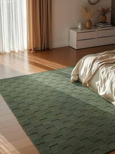 Villeroy & Boch Wollteppich Scala - Natur Wohnzimmerteppich - Handgewebt & Natürlich - Wolle 3D Effekt Kariert Hoch-Tief-Effekt für Wohnzimmer, Schlafzimmer, Esszimmer, Flur - Grün, 200x300cm