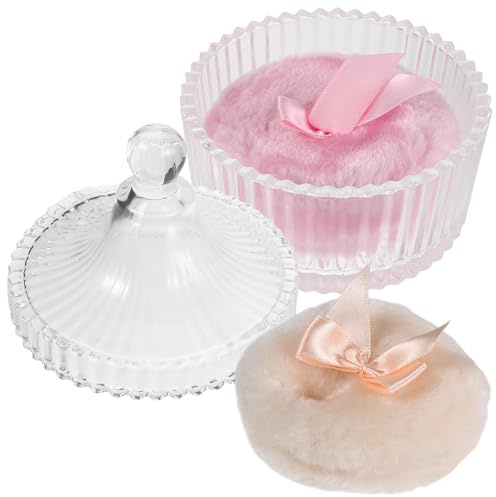 MUCKLILY Weiche Puderquaste aus Plüsch mit Schleife Satz Beige Rosa Inkl Staubgeschützter Glasdose Zarter Gesichtspuder Applikator für Sanfte Babypflege
