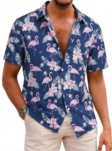 COOFANDY Hawaii-skjorta för män, kortärmad skjorta, sommarskjorta, fritid, blommor, skjorta, semester, strandskjorta, skrynkelfri, normal passform, Flamingo – blå och rosa, 3XL