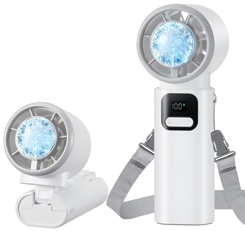 Mini Ventilateur Portable, Ventilateur de Poche USB Rechargeable | Ventilateur a Main avec écran LED, 6000mAh Ventilateur, Pliable Ventilateur pour Le Plein Air, Le Camping, Bureaux(Blanc)