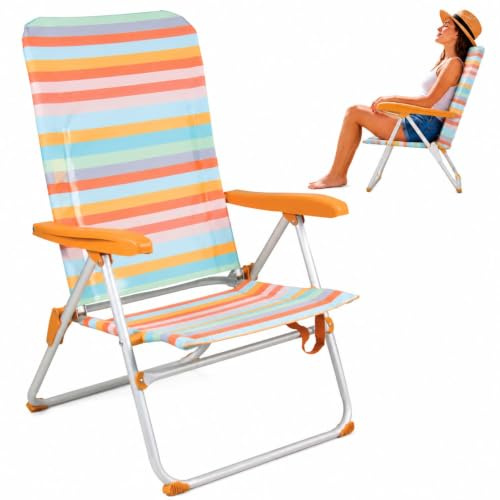 Silla de Camping Respaldo Alto - Plegable y Reclinable - para Playa, Terraza, Piscina, Jardín - 37cm Altura Asiento - Ocre a Rayas - con Asas de Fácil Transporte y Reposabrazos - Textileno y Aluminio