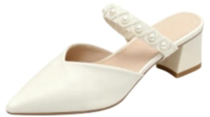 Genérico Zapatos Mujer Correa Perlas Trenzadas Punta Afilada Tacón Grueso Mules,Beige,37 EU