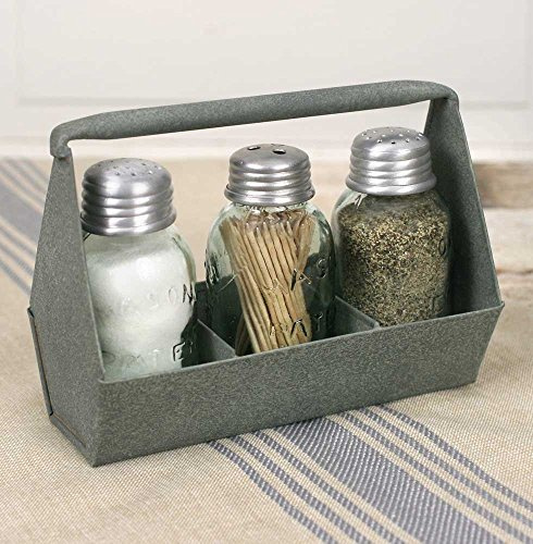 Primitive Industrial Galvanized Toolbox MASON Jar Salt & Pepper & Tooth pick Caddy