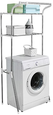 BAOYOUNI Verstellbar Waschmaschinenregal Überbau, Toilettenregal mit 2 Ablagen und Hängestange, Badezimmer Organizer aus Metall, Platzsparender, Einfache Montage, (62-101) x 49,5 x 173cm, Elfenbein