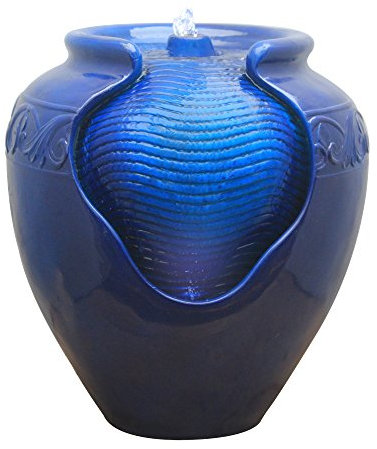 Teamson Home Garden Water Feature with Lights, Outdoor Tiered Small, Blue Pot Water Fountain, Indoor Cascading Waterfall & Pump Ornament, Patio Decor