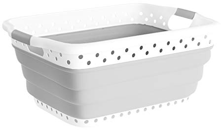 Lavish Home Collapsible Plastic Laundry Basket - Space-Saving Portable Clothes Hamper with Comfort Grip Handles for Laundry Room Organization and Storage (Gray)