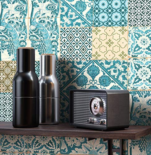 Newroom Vliestapete Blau Fliesenoptik Mediterran Tapete Wohnzimmer | Patchwork Fliesenmotive, florale Ornamente, Pfauen, Rautenmuster, Boho Stil, Mustertapete für Flur, Küche, ansatzfrei