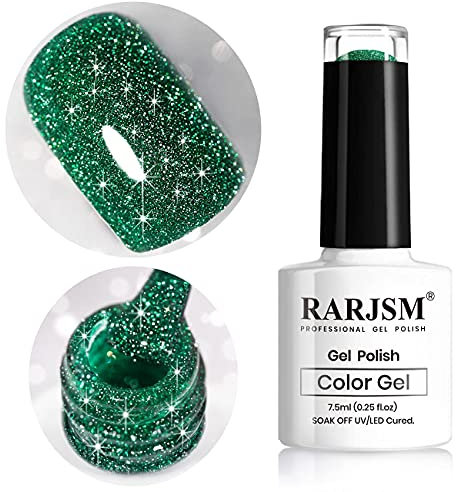 RARJSM Green Glitter Gel Nail Polish Reflective Sparkle Nail Gel Varnish Requires Drying Under UV LED Lamp for Women Spring Summer Nail Beauty Art Design Salon DIY Home 1Piece 7.5ML