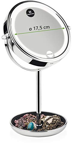 MACOM Sensation 233 Sirio USB Star - Doppio Specchio Ingrandente X5 Da Tavolo Ricaricabile, Cordless, diametro da 17,5 cm, con nuove luci SMD LED, base porta oggetti e autonomia di 3 settimane
