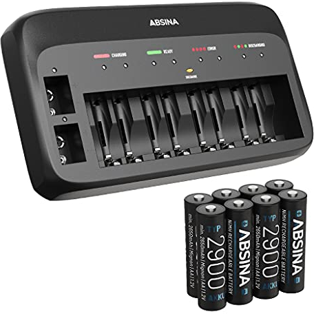 ABSINA Caricabatterie per Pile AA, AAA e 9V + 8x AA 2900 - NiMH 10 Slot per Batterie Ricaricabili