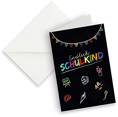 itenga XXL Klappkarte DIN A4 Endlich Schulkind und XXL Briefumschlag - Grußkarte Glückwunschkarte zur Einschulung Schulanfang (schwarz)