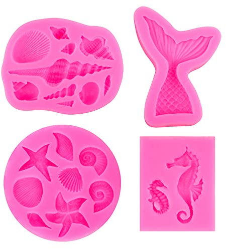 DIY Marine Themed Silicone Mould Set, Mermaid Theme Silicone Baking Molds Tools Fondant Cake Moulds for Cake Cupcake Decorations, Mermaid Tail, Shells, Seahorse Candy Chocolate Baking Molds