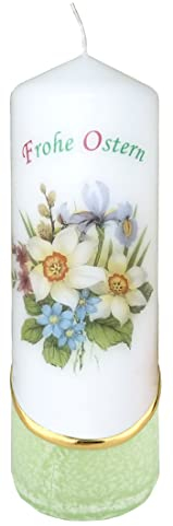 Meissner-Handel Auswahl * Osterkerze Stumpenkerze Osterdeko * 6 x 18 cm * mit farbigen Wachs- und Bildauflagen * Auswahl Motiv + Farbe * grün * (Motiv 017)