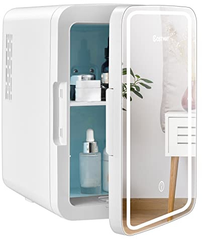 COSTWAY 10 L Mini Frigo Portatile 220 V AC/12 V DC con Specchio LED | Frigo per Prodotti di Bellezza, Bevande, Termostatico e Riscaldamento per Auto, 23 x 28 x 34 cm