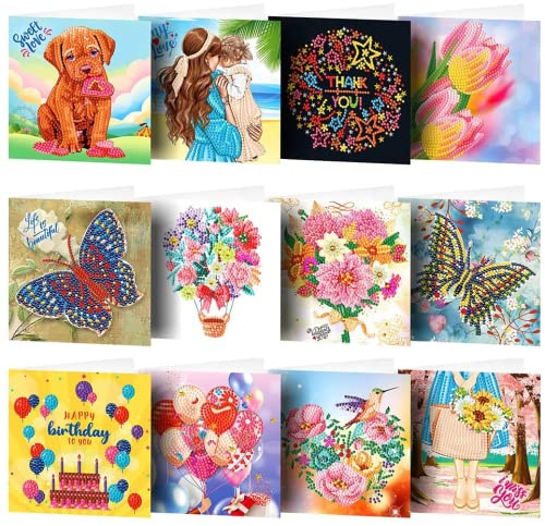VNSTKWW 12 Stück 5D DIY Diamantmalerei Grußkarte Kreative Geburtstagskarte Spezielle geformte Weihnachtspostkarte Stickerei Kunst Handwerk für Familie Freunde Liebhaber für Geburtstag Festival…
