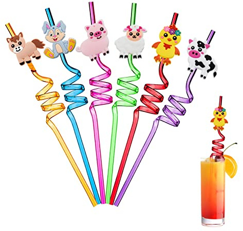 Ulife Mall 6 Pack Reusable Drinking Straws Farm Animals Party Straw Curly Hard Plastic Straws Birthday Party Decorations Supplies Family Reunion Favors