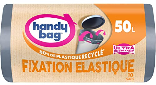 Handy Bag - Sacs poubelle fixation élastique 50L x 10 sacs - Maintient le sac en place - Ultra Résistant - Film triple épaisseur - Étanchéité maximale - 100% plastique recyclé