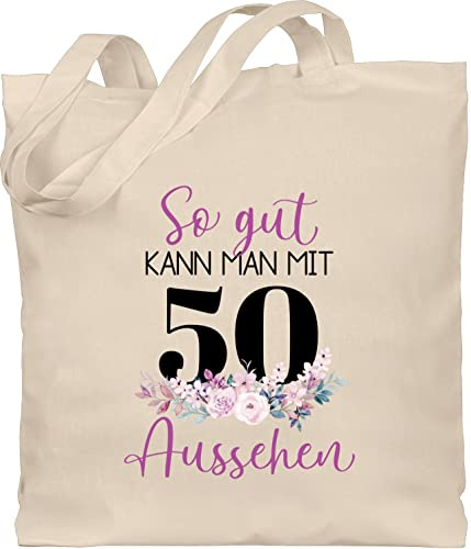 Shirtracer Baumwolltasche - 50. Geburtstag - So gut kann man mit 50 aussehen - Blumenarrangement zum Fünfzigsten - lila schwarz - Unisize - Naturweiß - geschenk geburtstagstasche 50er birthday