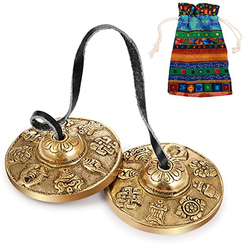 Campanas de meditación de platillos tibetanos Tingsha con bolsa de tela tibetana con cordón de meditación de 2.5 pulgadas, para instrumento de percusión (8 símbolos de la suerte en relieve)
