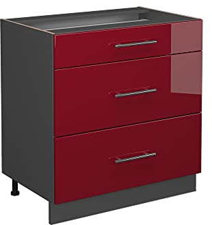 Vicco Küchenunterschrank Fame-Line, Bordeaux Hochglanz, 80 cm | MDF-Front · Ohne Arbeitsplatte · Höhenverstellbare Füße · Metallgriffe · Metall-Vollauszüge