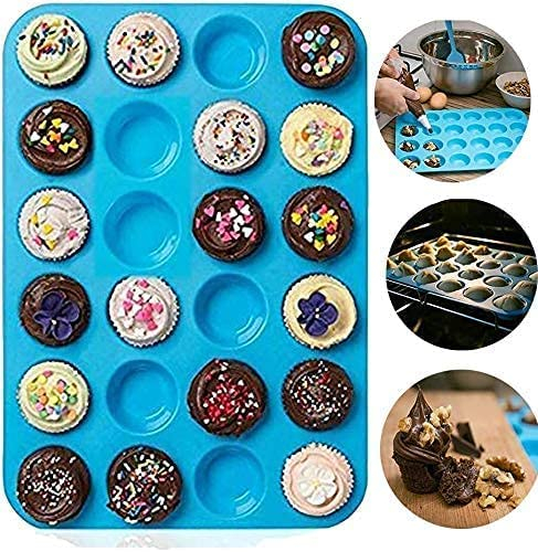 YIAGUN Mini Muffin Tray 24 Cup Silicone Muffins Pan, Non-Stick Cupcake Tin, Silicon Mould Bakeware, Reusable Baking Case for Mini Mince Pie, Cupcakes, Dishwasher Safe, 34 x 23 x 2.5 cm (1 Pack)