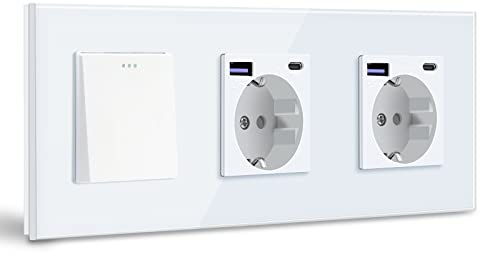 BSEED Interruptor de Pared con Doble Enchufe USB C 20W,1 Gang 2 Vías Interruptor Conmutador+Schuko Enchufe con Cargador Rápido USB Tipo C,Blanco 10A Interruptor de Luz