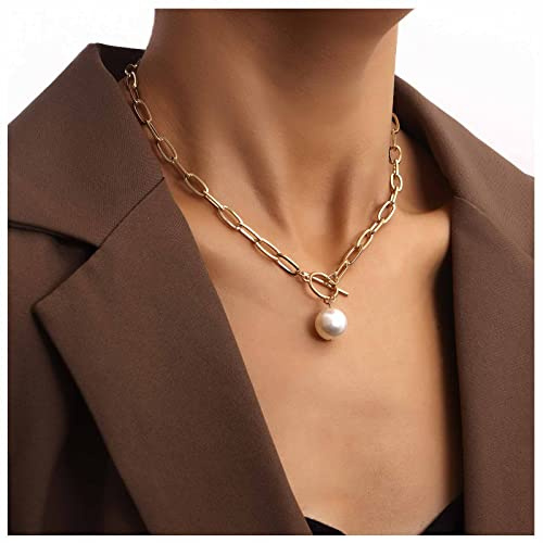 Cimenexe Bohemian Pearl Pendant Necklace Pearl Paperclip Link Chain Necklace Paperclip Collar Necklace Gold T Bar Necklace Jewelry for Women and Girls Gifts