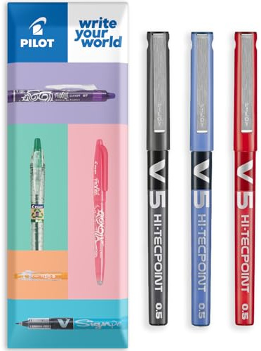 PILOT V5 Hi-Tecpoint Tintenroller, feine 0,5 mm Spitze, 0,3 mm Strichbreite, in Umschlag-Geschenkverpackung, 3 Stück, Schwarz, Blau und Rot