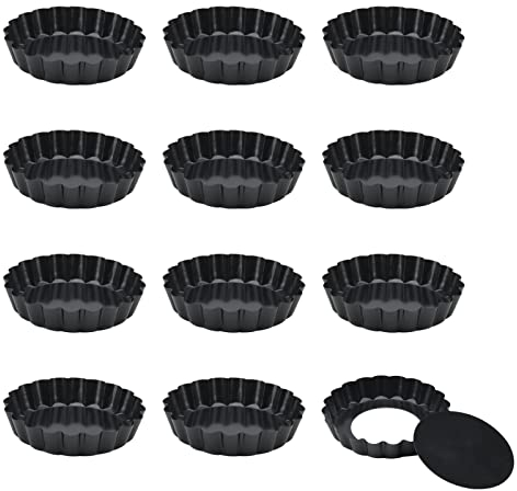 KEILEOHO 12 Teglia Crostata, Stampi per Crostatine da 10 cm, con base Amovibile, Stampi Tortine Riutilizzabile per Budini, Dessert, Cioccolati, Nero