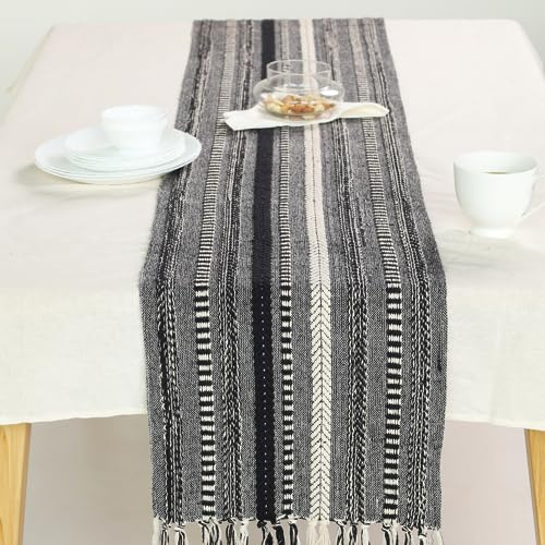 The Art Box Runner Da Tavolo In Tessuto Di Cotone Boho Modern Farmhouse Strisce Intrecciate Runner Da Tavolo Da Cucina Con Nappa Per Decorazioni Per La Casa Di Nozze (Colore: nero, 14x72 Inch)