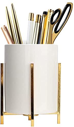 Leoyee Stifteköcher, Goldstifthalter mit stabilem Metallrahmen, mit weißem Keramik Stifthalter, Schreibtischorganisator, Make-up Pinselhalter und Küchenutensilien Halter (Golden)