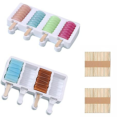 Ice Lolly Moulds Silicone 2 x 4 Cavity Ice Lolly Makers with 100 Sticks, Food Grade BPA Free Ice Cream Mould for Frozen Popsicle Tray DIY Layer Ice Cream Lolly Tray -White