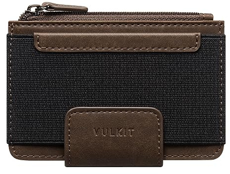 VULKIT Mens Credit Card Holder Slim Passcass Wallet Hunter Leather RFID Blocking Minimalist Card Wallet with ID Window Zipped Coin Pocket & Magnetic Closure