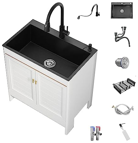 Lavello Cucina con Mobile,Cucina Componibile,Lavandino Cucina in Acciaio Inox Multifunzione,Lavello da Esterno Giardino,Lavandino Lavanderia,con Rubinetto Estraibile,Componenti di Drenaggio ( Color :