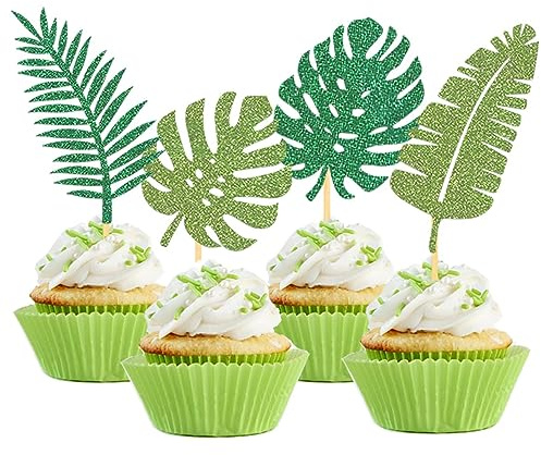 24 Pièces Scintillantes Tropical Décoration Gâteau Anniversaire, Aloha Cake Topper Décoration pour Hawaii Aloha Luau Décoration de Fête d'été (Feuilles Tropicales)