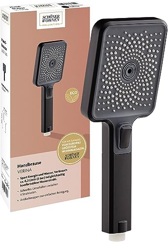 Schöner Wohnen Kollektion Handbrause 3-strahlig Verina, wasserspar Duschkopf, eckige Duschbrause mit Anti-Kalk-Noppen, Typ 1/2 '' Anschluss, Mattschwarz
