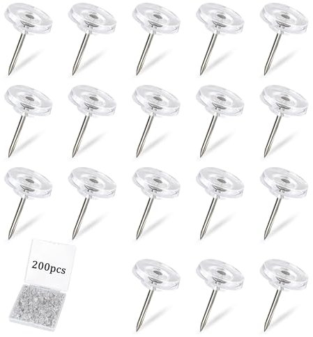 200 Stück Stecknadeln transparent, Reißzwecke mit Flacher Kopf, Reißnägel für DIY und Deko von Pinnwand und Korktafel, Nagelset mit Aufbewahrungsbox
