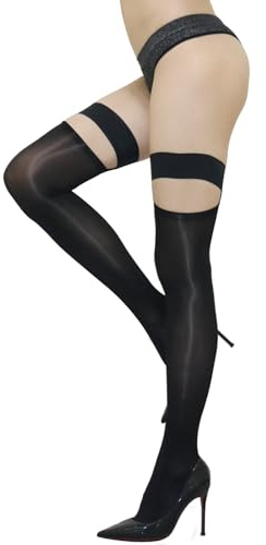 GOCBOBO Medias Mujer Sexy Medias Hasta el Muslo Con Silicona Antideslizante en Forma de Tirantes Medias Autoadhesivas Brillantes Negro