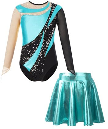 Yeahdor Kinder Mädchen Glänzend Tanz Outfit Set Langarm Ballett Trikot mit Strass + Faltenrock Gymnastik Eiskunstlaufen Bühnenauftritte Wettbewerbe A Türkis 110-116