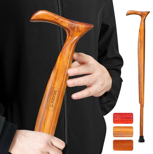 ispuoocti Canne de marche en bois pour homme et femme - Bois massif naturel - 3 pieds en caoutchouc robuste - Avec sac de voyage - Canne de marche ergonomique pour personnes âgées - Unisexe (ébène)