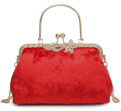 NICOLE & DORIS Clutch Taschen Damen Elegant Handtasche Abendtasche Geldbörse Kette Umhängetasche Kiss Lock Tasche Top Griff Henkeltasche für Hochzeit Brautball Party Rot