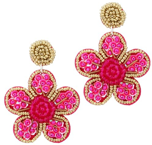 Beaded Drop Earrings, Statement Beaded Pink Flower Earrings for Women Bohemia Bead Dangle Earrings Boho Handmade Beadwork Jewelry for Girls Summer Holidays Vacation