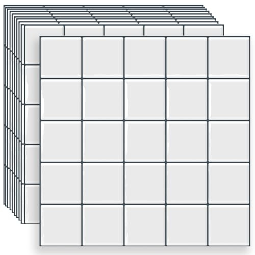 DEWOO Square Peel and Stick Backsplash Tiles Self Adhesive Subway Checkered Grid for Kitchen Bathroom Wall White (10-Sheet,12×12)