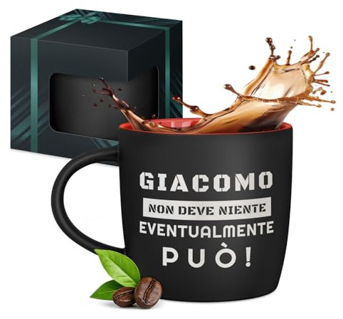 Maverton Tazza da caffè macchiato o tè in ceramica, 400 ml, Incisione | Personalizzata, Tazze con manico per bevande per Lui, Bicchiere da colazione per compleanno uomo, Interno rosso, moderno